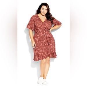 NWT City Chic Lover Spot Ruffle Wrap Dress Toffee Brown 12